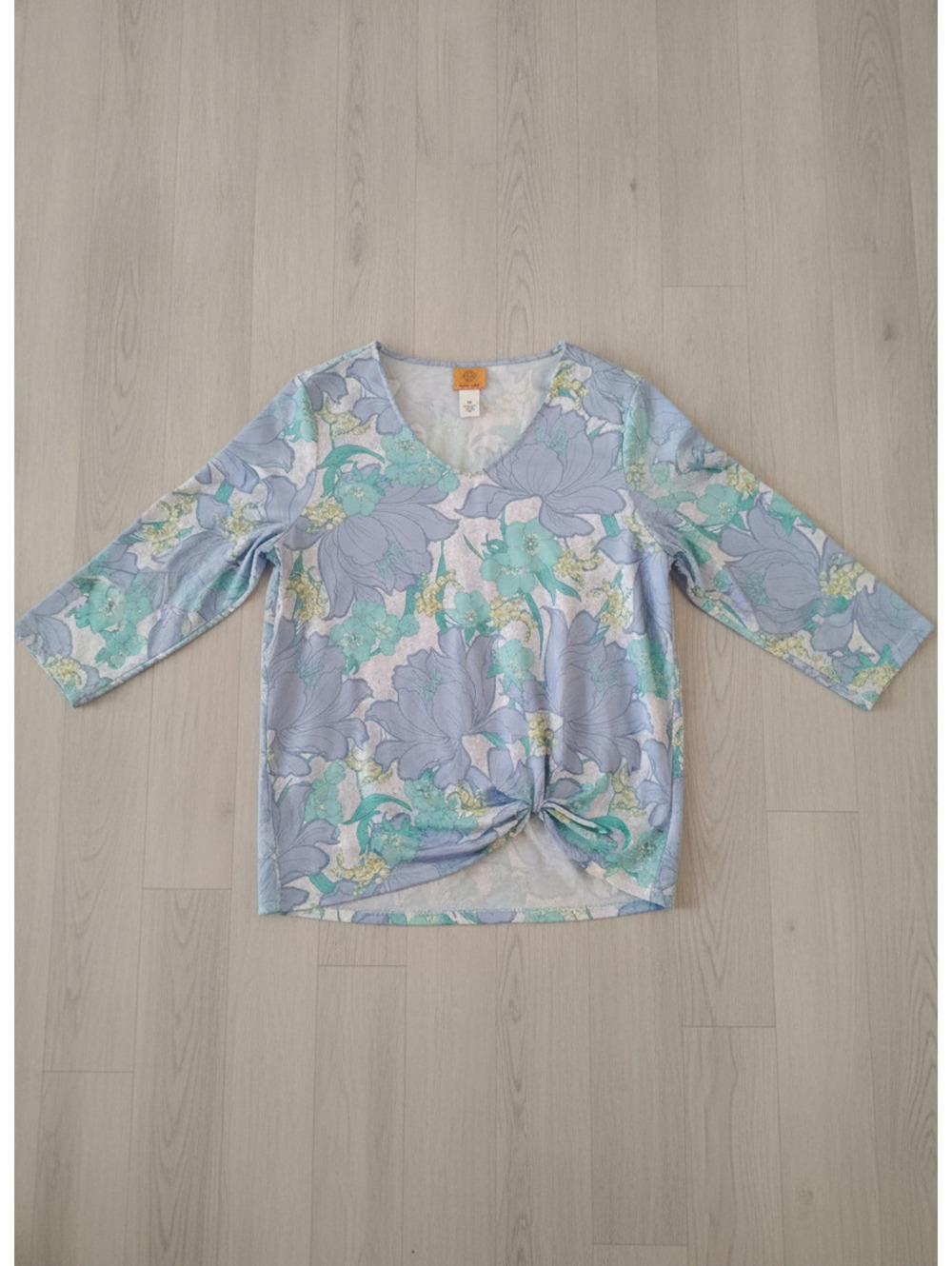 Ruby Rd. Blue Floral V-Neck 3/4 Sleeve Twist Front Tunic Top Plus Size 1X